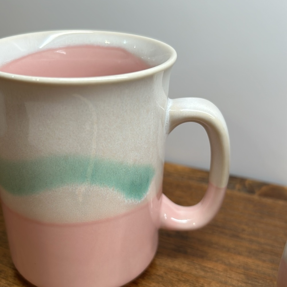 Vintage 80’s Stoneware Mugs Set Of Two Pink Mint Green & Cream In Colour - Picture 11 of 11